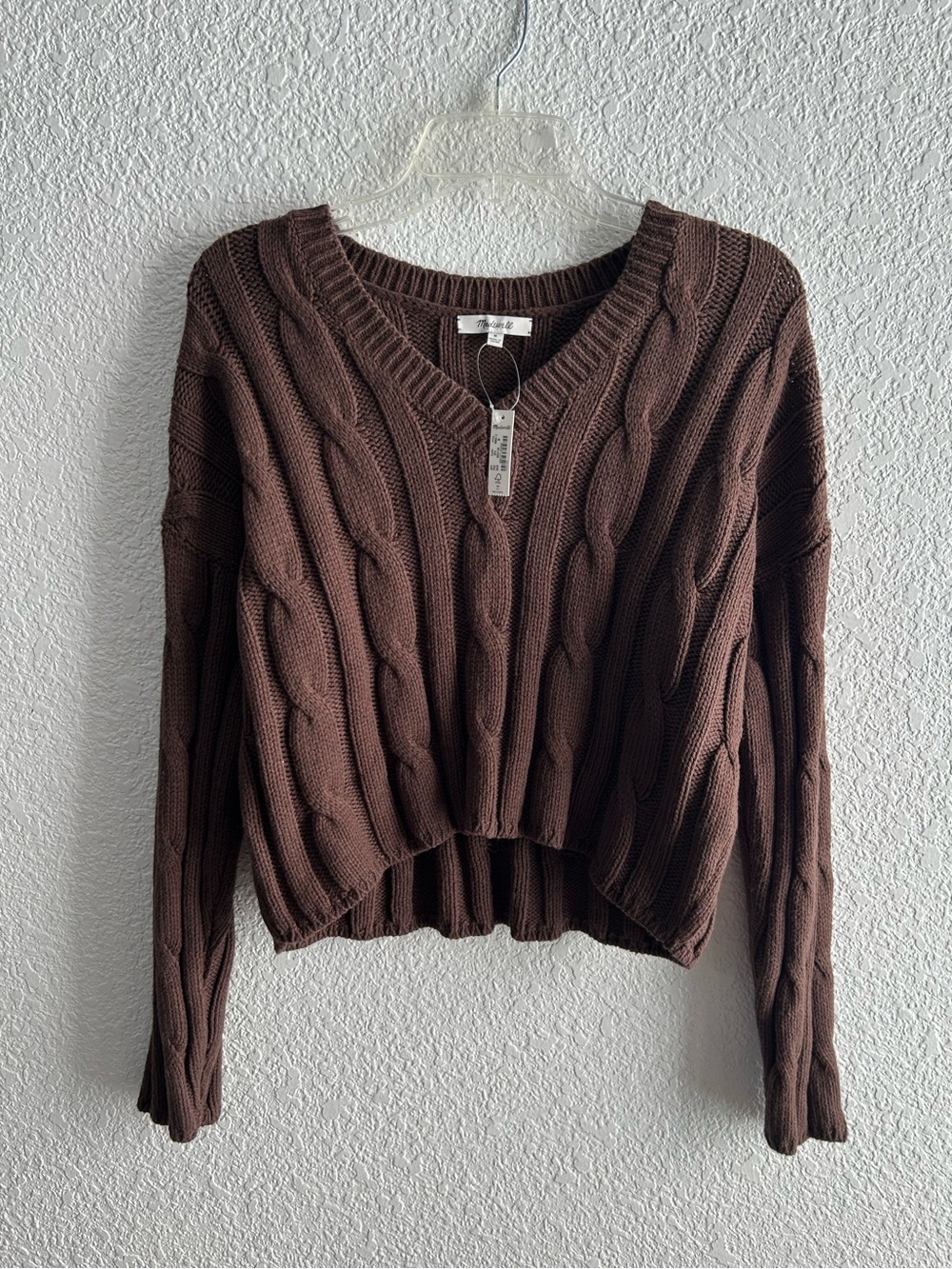 Madewell Chocolate Brown Cable Knit Cropped Sweater Size M NWT Cotton Blend